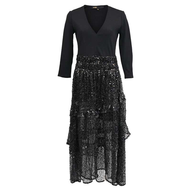 Maje V-Neck Sequined Midi Tiered Dress In Black Polyamide
